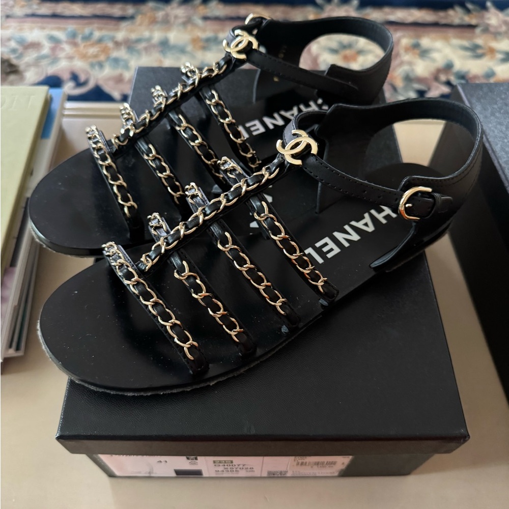 Chanel black sandal with gold chain